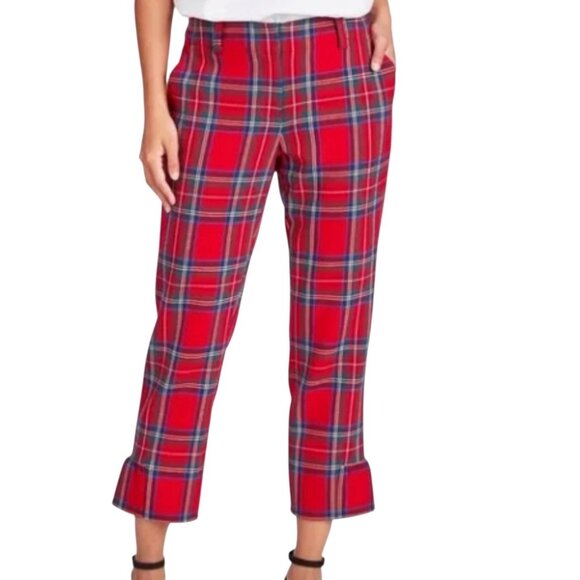 Vineyard Vines Jolly Plaid Ruffle Cocktail Pant 12 Calypso Red Cropped Heritage - Picture 1 of 13